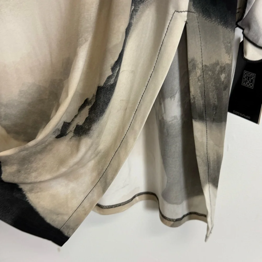 Clara Sunwoo Tunic Womens XL Black Beige 3/4 Sleeve Asymmetrical Hem NWT